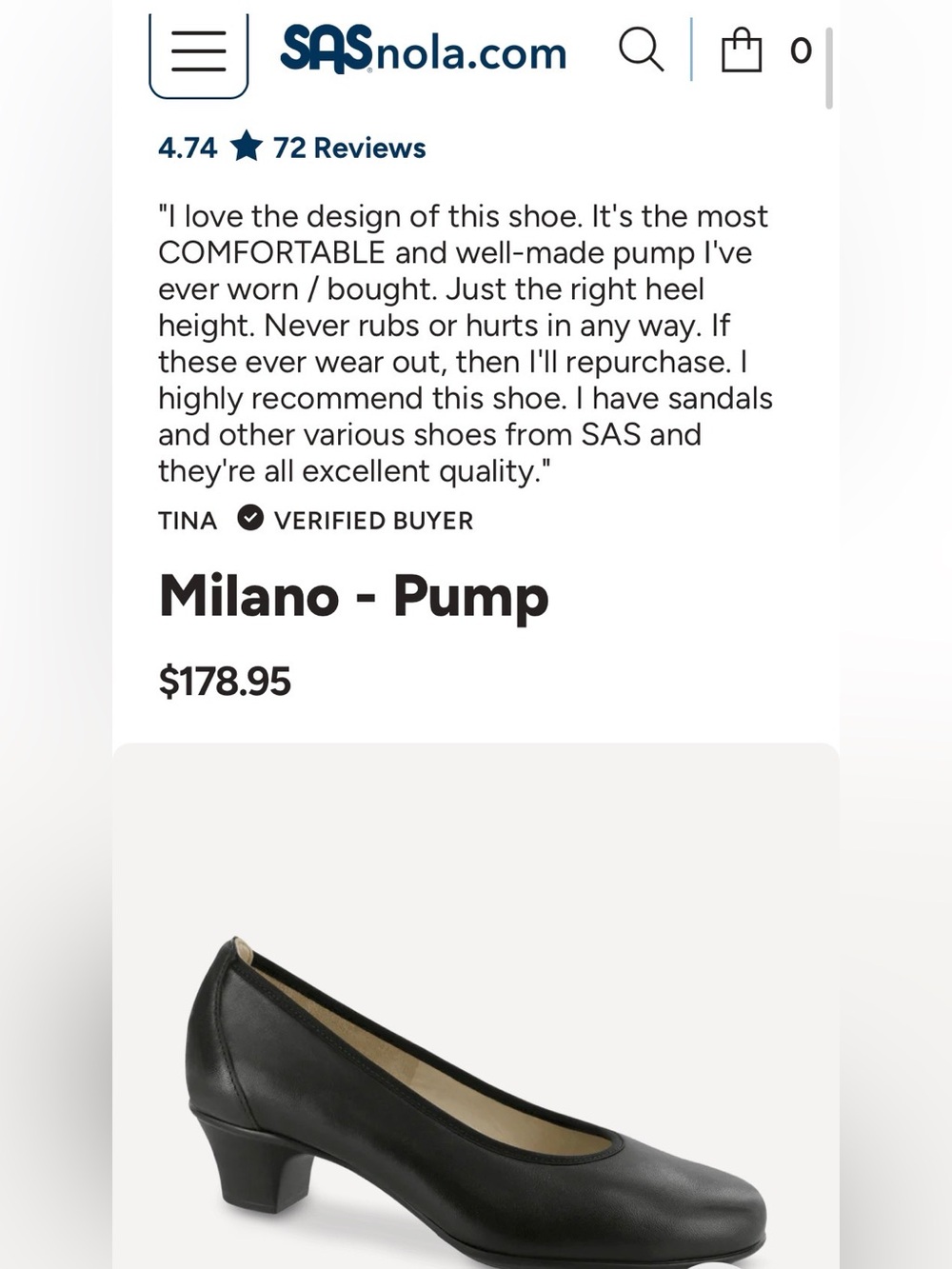 SAS Black Leather Milano Pump with Low Block Heel NWOT